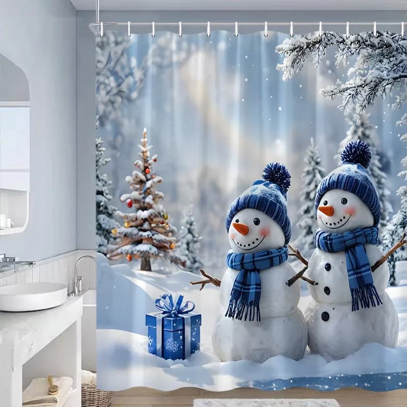 Simpatico pupazzo di neve blu tende da doccia di Natale regalo di Natale foresta invernale cedro natura scenario casa arredamento per il bagno set di tende da bagno