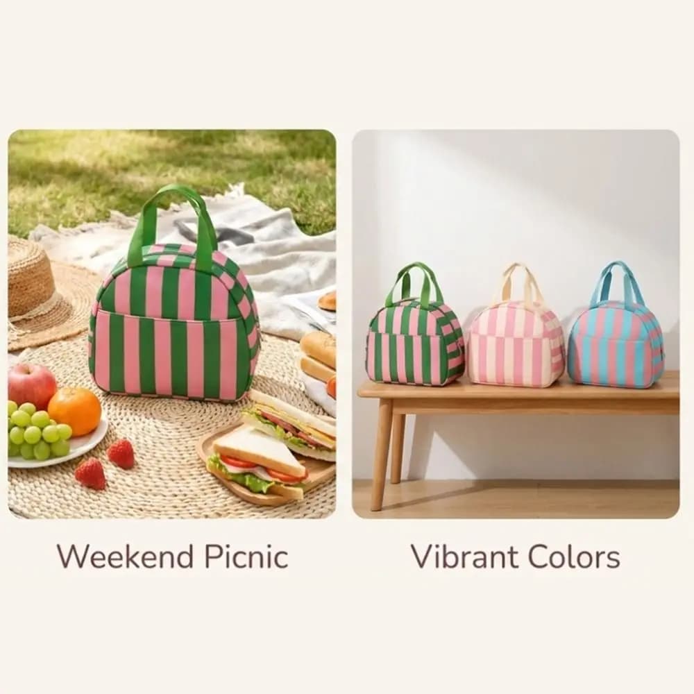 Striped Insulated Lunch Bag Reusable Leakproof Food Thermal Box with Handle Large Capacity Travel Toiletry Bag School Lunch