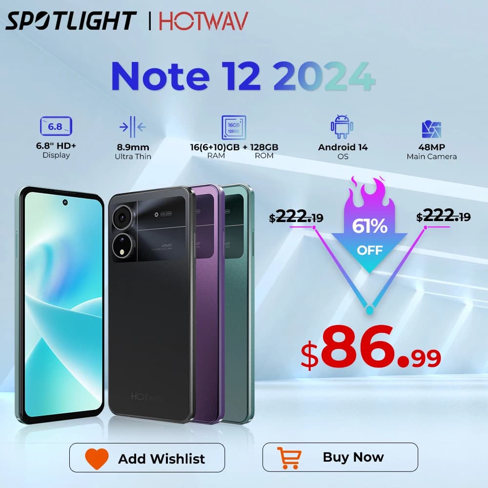 HOTWAV Nota 12 2024 Smartphone 6.8 '' Ampio Display Android 14 OS 16(6+10)GB 128GB Telefono cellulare 48MP 5160mAh Cellulare ultrasottile
