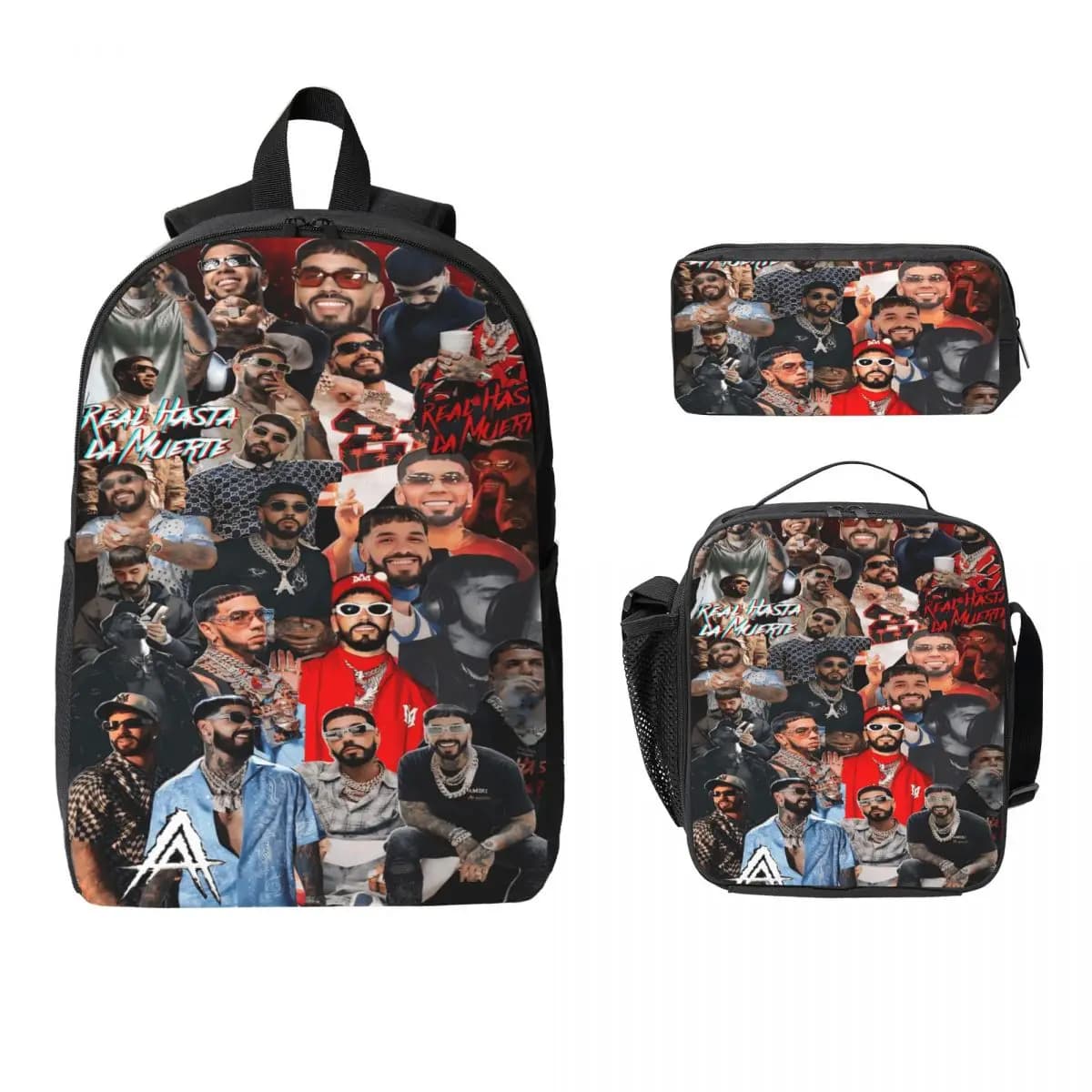 Anuel AA Rapper Singer Zaino per bambini Lunch Box Borse per penne per ragazzi Ragazze Zaini Borsa da scuola Set di zaini