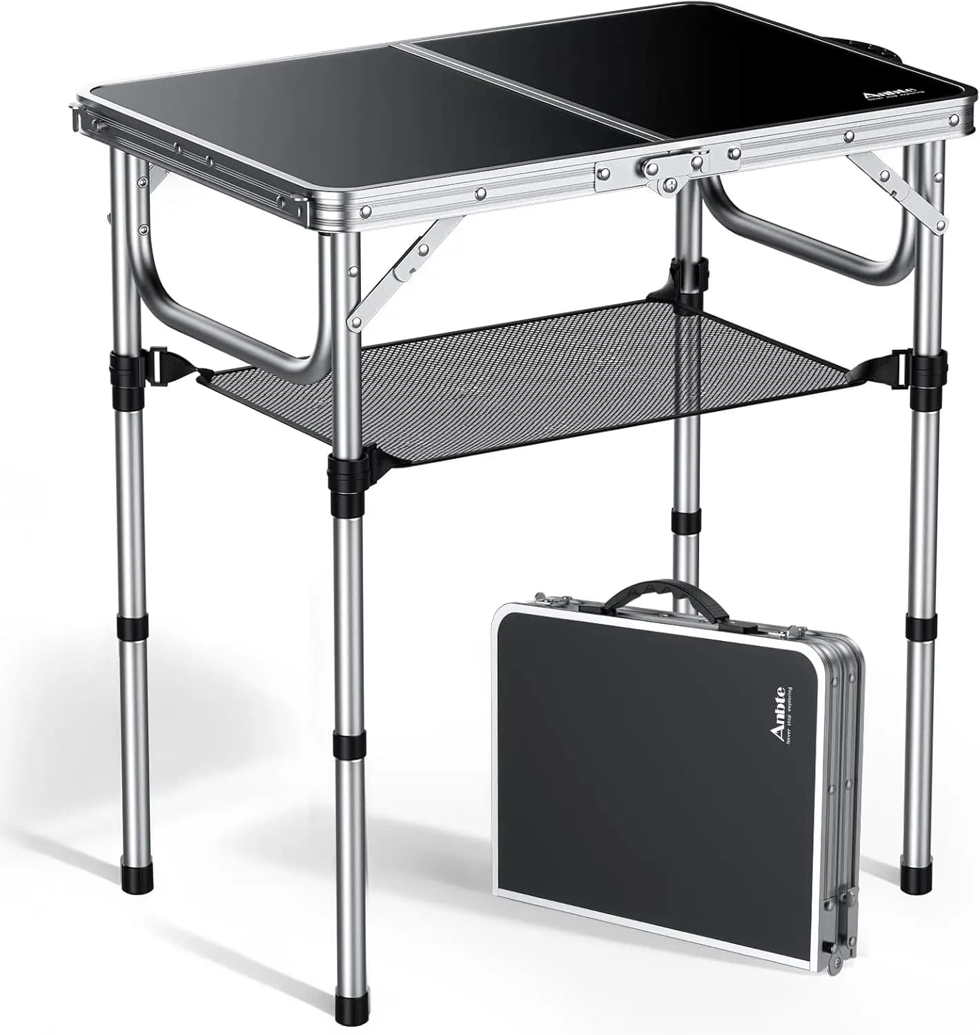 3-Height Adjustable Folding Camping Table with Storage Net, Lightweight Portable for Outdoor Picnic Fishing Beach, 22.8"x15.7" Silver