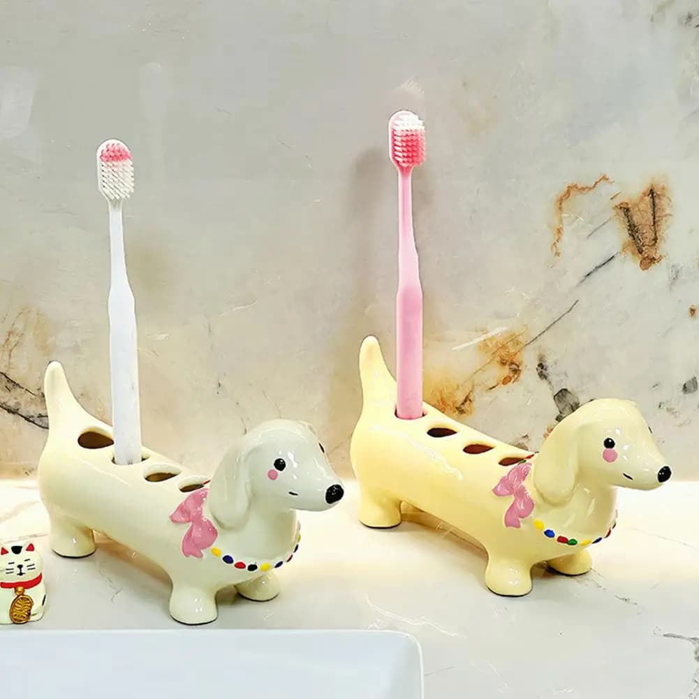 Portaspazzolino in Ceramica a Forma di Bassotto, Supporto per Spazzolini e Pennelli da Trucco, Decorazione per Bagno
