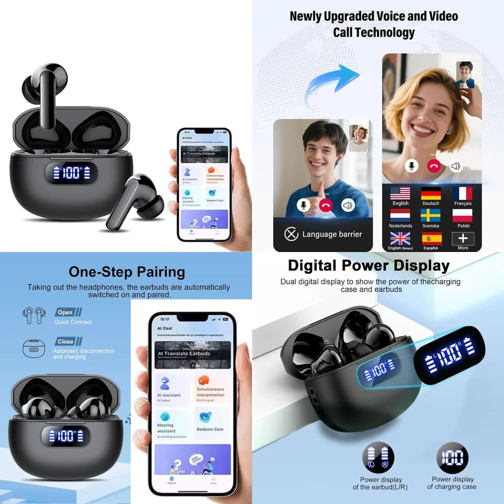 Online Language Translation Headphones BT 5.4 TWS Wireless Earbuds with LED Display Real Time Earphone for Business Trending