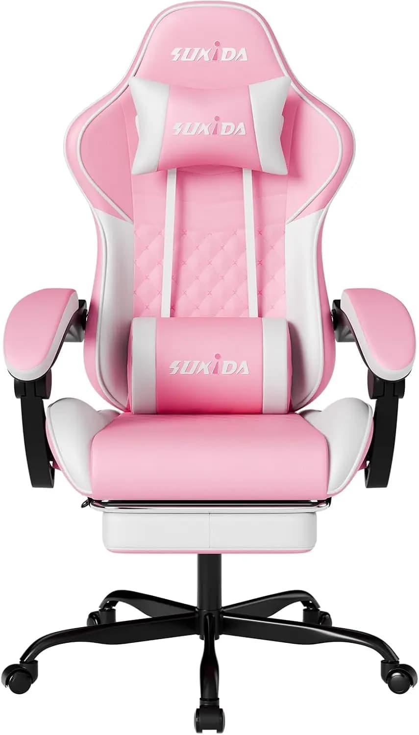 Ergonomic Gaming Chair with Massage Lumbar Support, Adjustable Height and Reclining Backrest