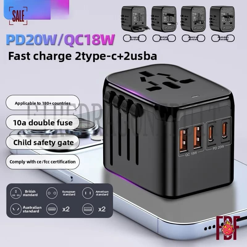 Adattatore da Viaggio Universale con 2 Porte USB-C, Convertitore di Alimentazione Multifunzione Tutto in Uno per UK, US, EU