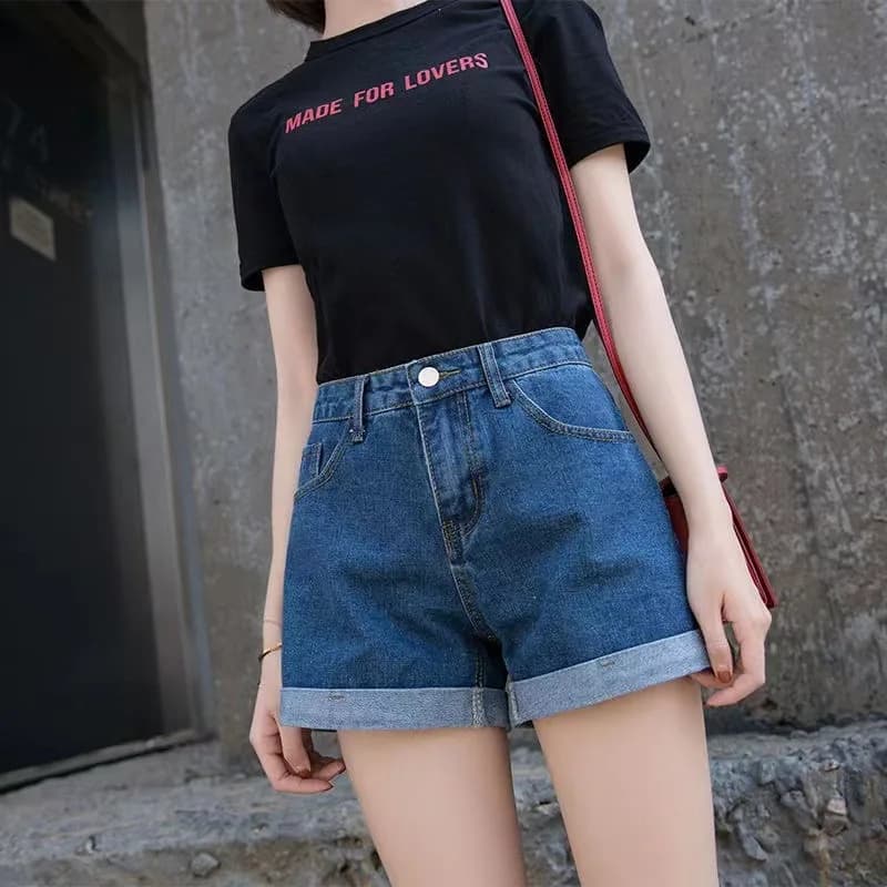 High Waist Black Denim Shorts Women Summer Student Cuffed Loose Slim A-Line Wide Leg Pants Hot Korean Trend Jeans