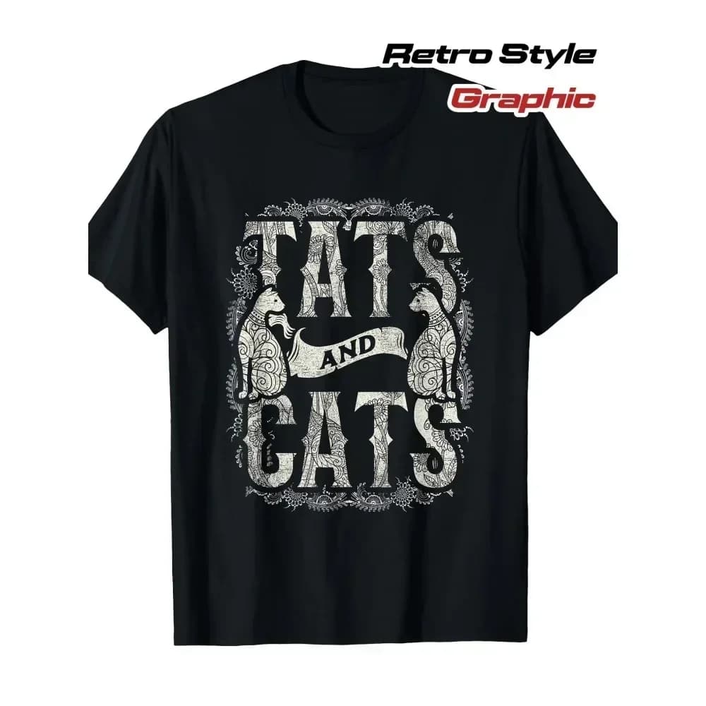 Men's Vintage Tats & Cats Tattoo-Style T-Shirt - Retro Gothic Font & Cat Silhouette Graphic Tee, Black & White Casual Round