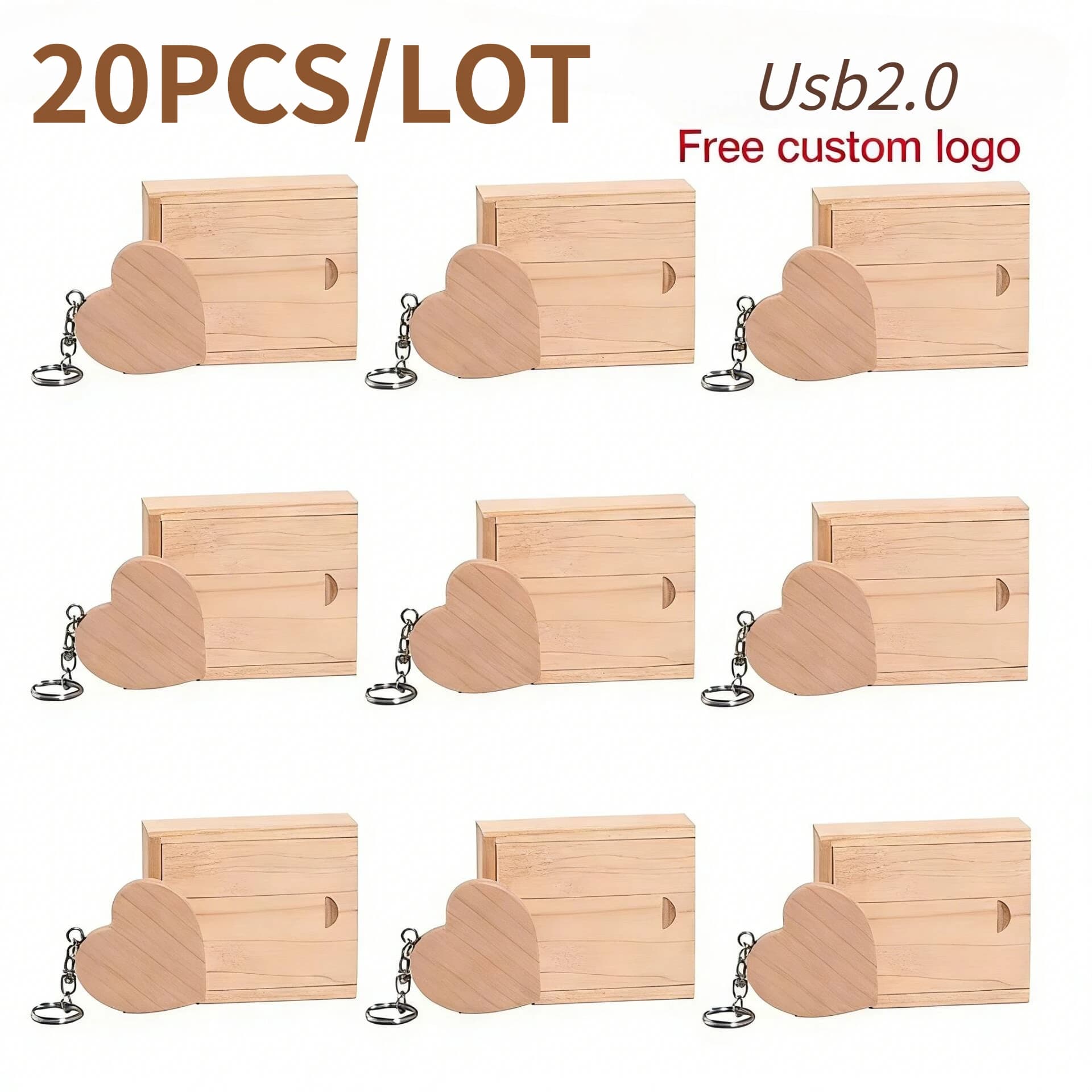 20PCS/LOT Chiavette USB 2.0 a forma di cuore in legno 128GB con logo personalizzato gratuito, portachiavi, pen drive 64GB 32GB, regalo aziendale, chiavetta USB