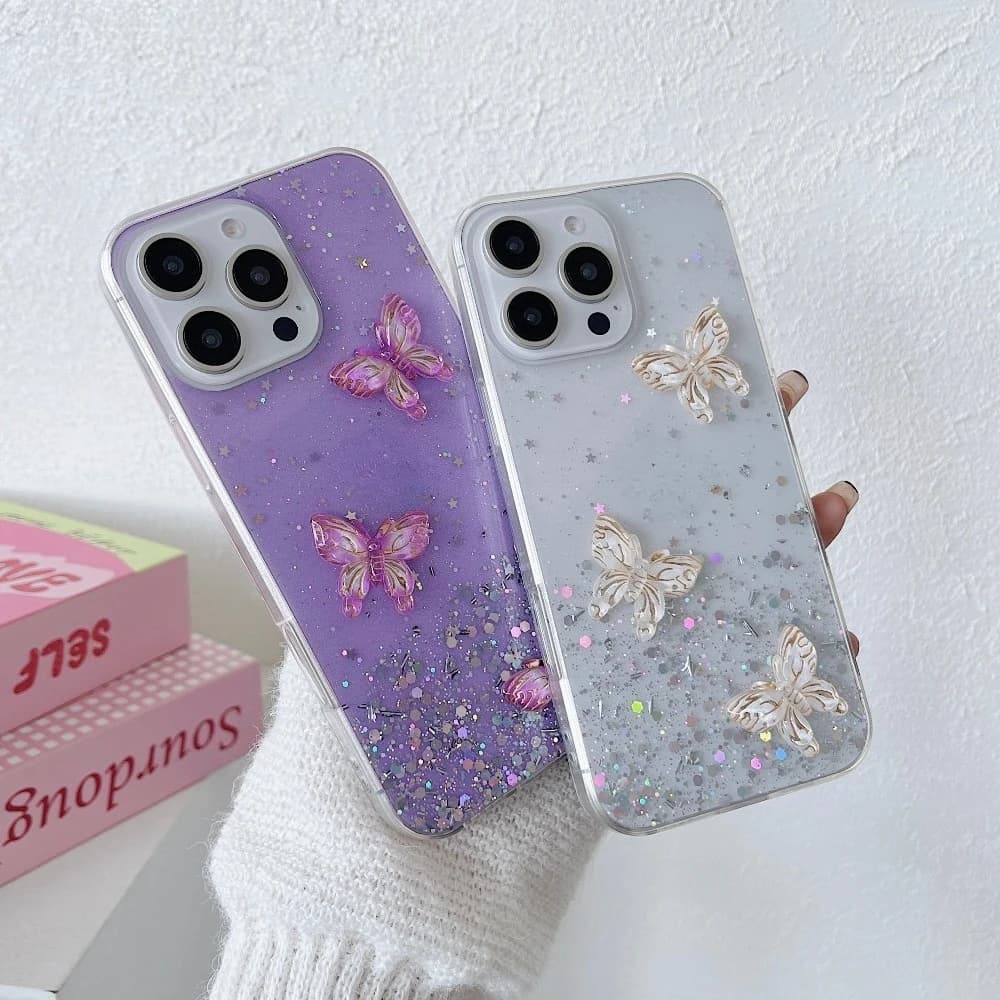 Custodia con glitter a farfalla dorata per iPhone 13/14/15/16 Pro/Max. Cielo stellato scintillante, motivo a conchiglia e copertura antiurto