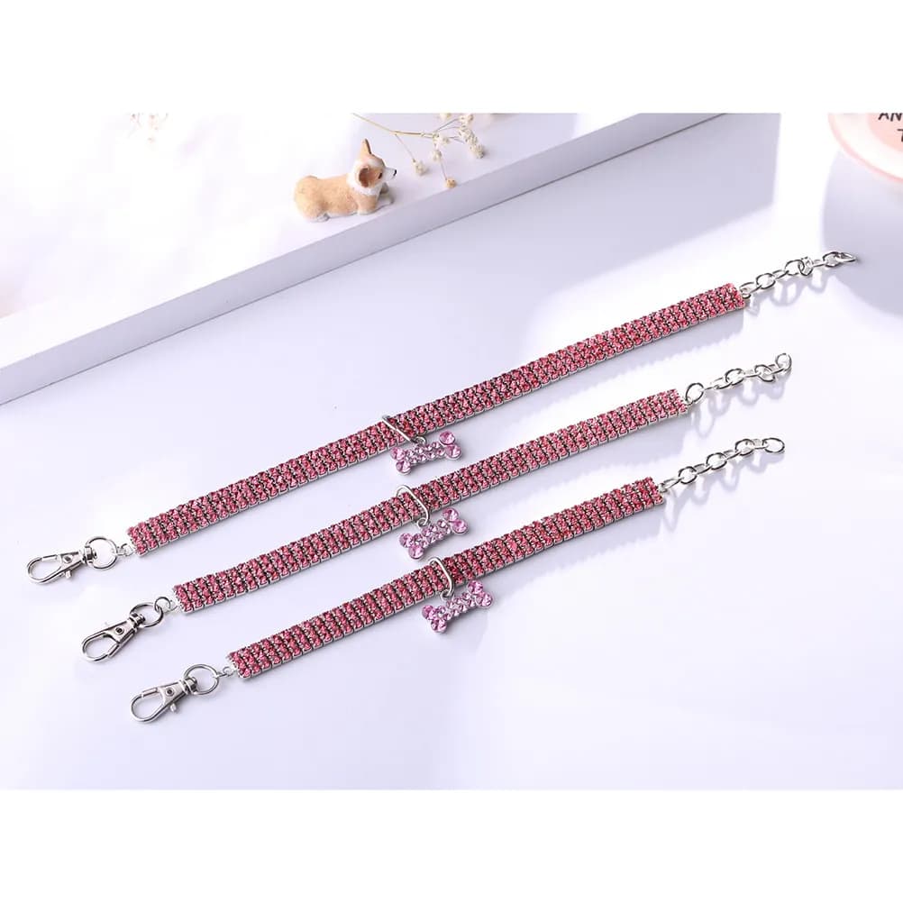 1Pcs Rhinestone Pet Collar Elegant Elastic Dog Cat Neck Chain Bone Pendant Pink Size S 30Cm 5Cm Stylish Comfortable Fashion