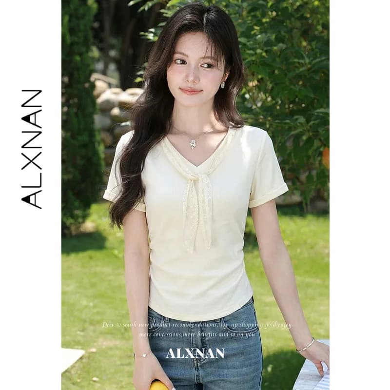 ALXNAN Women's Summer T-shirts Elegant V-neck Lace Tie Short Sleeve T-shirt Fashion Casual Basic Female Tops DYL662789