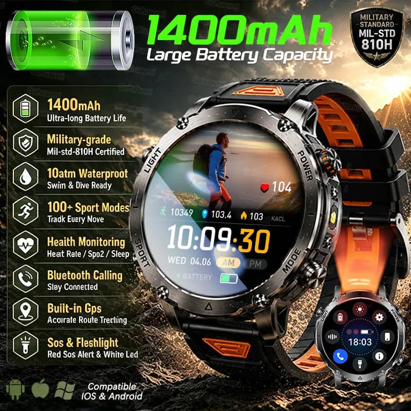 Smartwatch Militare da Uomo con Batteria da 1400mAh, Display AMOLED da 1.7 Pollici, GPS Sportivo, Chiamate Bluetooth, Compatibile con Android e iOS 2026