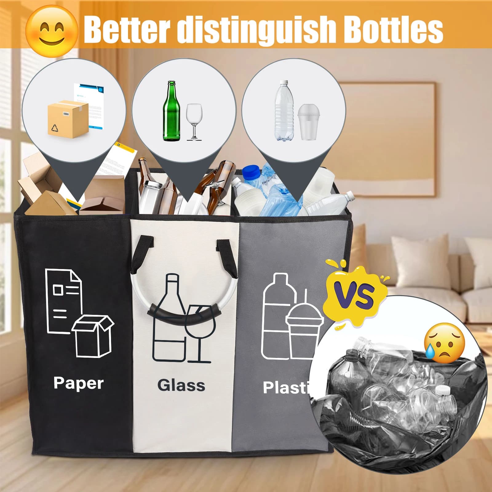 Kitchen With 3 Compartments Classified Storage Basket Plastic Bottles Cans Glass Bottles Classified Storage Recycling Bin