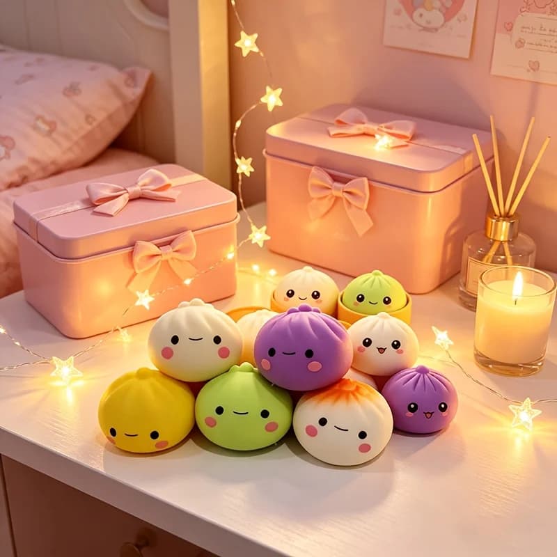 Giocattolo Squishy a Forma di Panino al Vapore Colorato con Cestello, Antistress per Bambini, Regalo per Feste