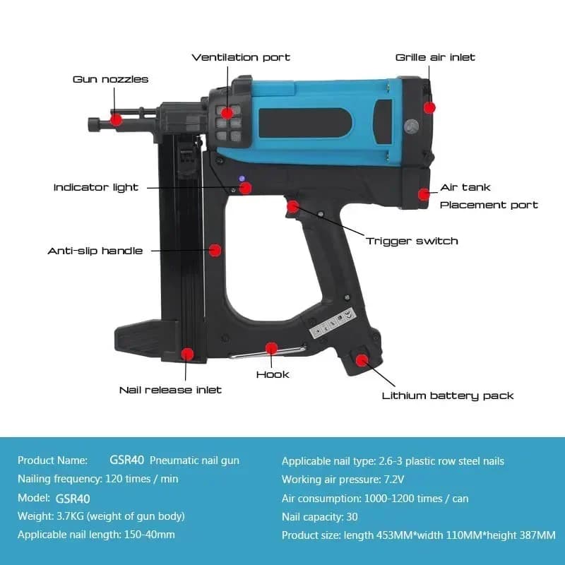 Chiodatrice Pneumatica GU 7. Batteria al litio 2V per chiodatrice pneumatica GSR40, utensili pneumatici per telai e canaline 110-220V