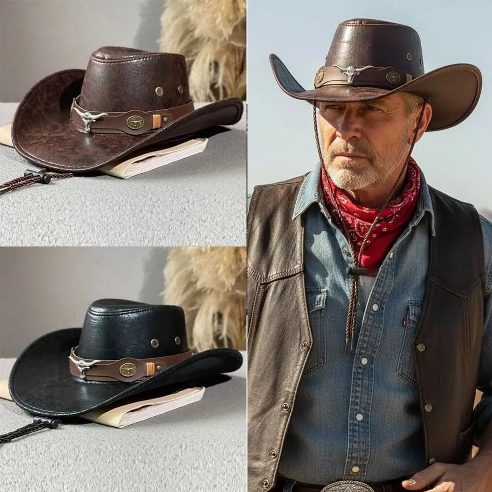 Fashion Bull Head Buckle Western Cowboy Hat Vintage Retro Wide Brim Sun Hat Sun Protection Hat For Men Women Unisex
