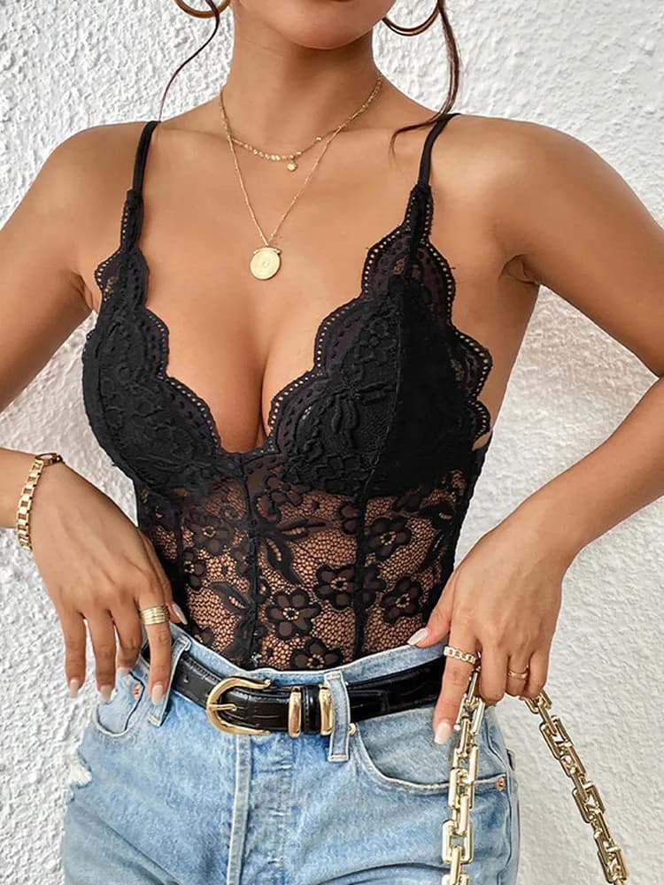 Sexy Lace Strap Deep V-Neck Spicy Girl Onesie Small Vest Slimming Ruffle Dancewear Short Style Zipper Closure Color
