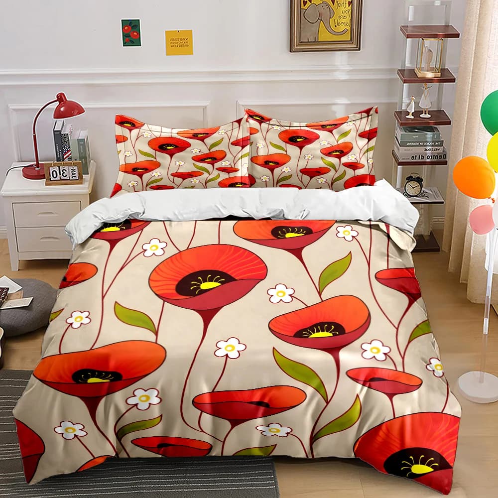 Set di biancheria da letto con stampa di fiori rossi e foglie verdi, morbido e confortevole, include 1 copripiumino e 2 federe.