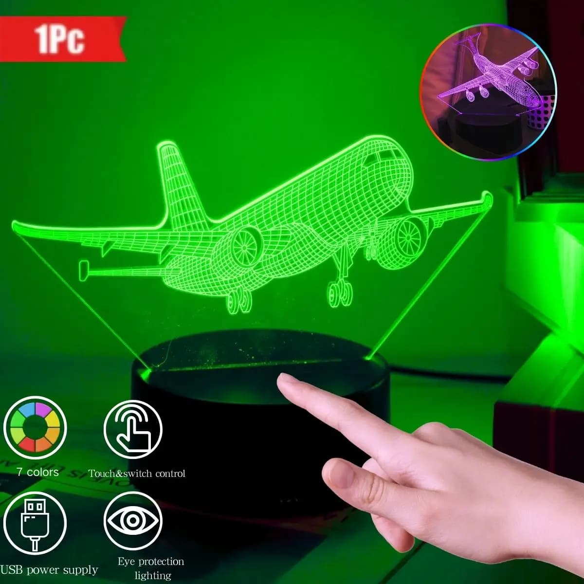1 luce notturna 3D a forma di aeroplano, luce ambientale multicolore USB, decorazione da scrivania per la camera da letto, luce notturna regalo per le vacanze