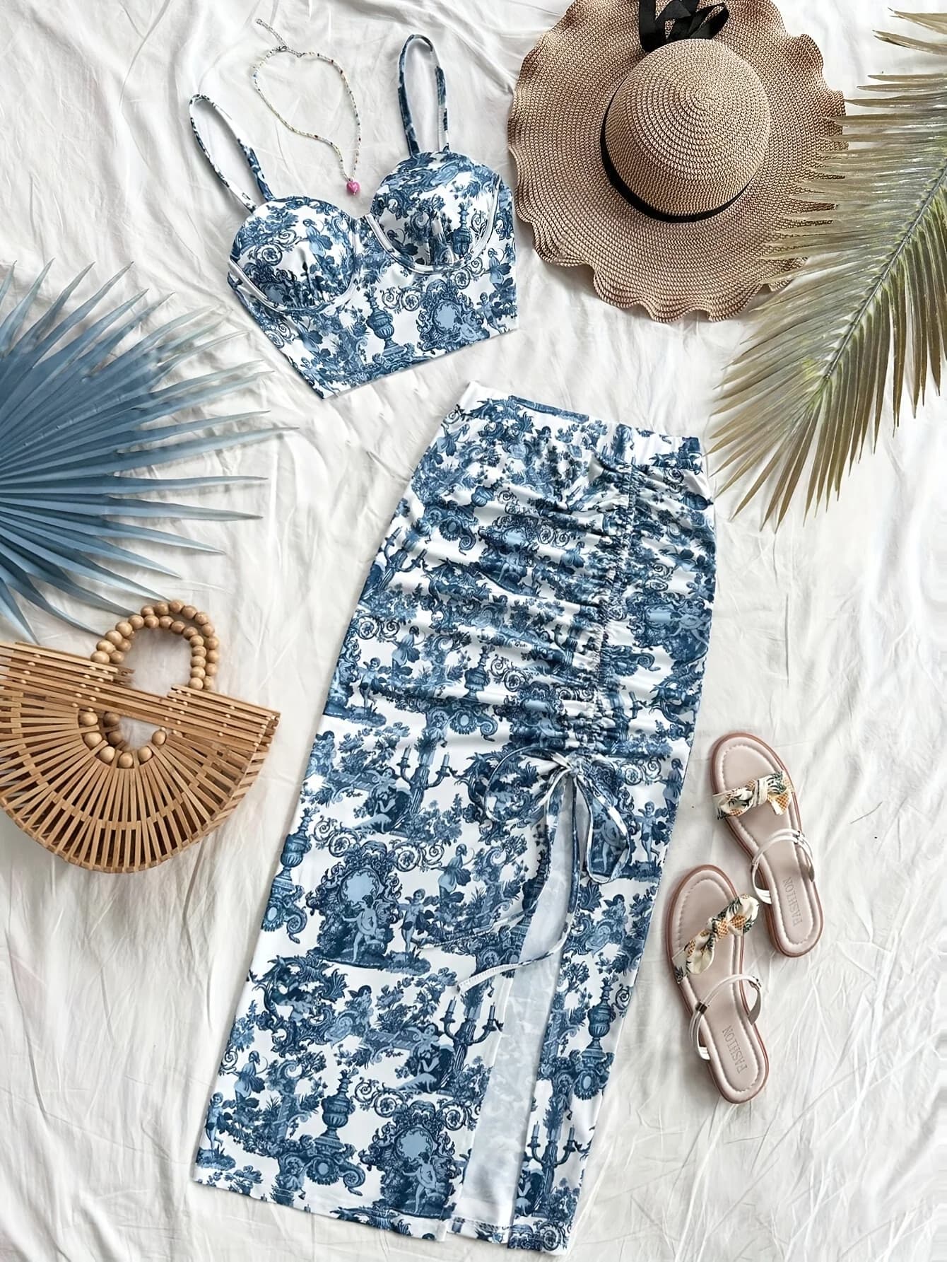 Top estivi Abito da donna Abito da 2 pezzi costume da bagno vacanza al mare bretella stampata Backless Slim top gonna con spacco laterale Abito da festa