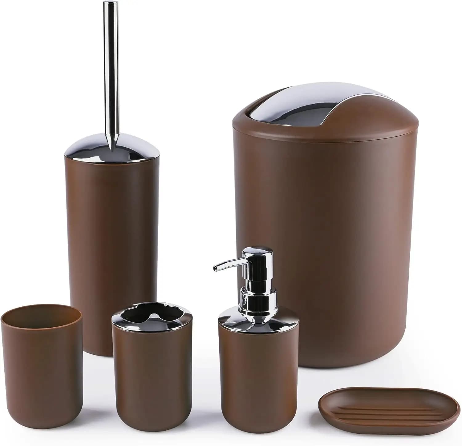 Set di 6 Accessori per il Bagno, Portaspazzolino con Bicchiere, Dispenser e Portasapone, Scopino per WC, Cestino