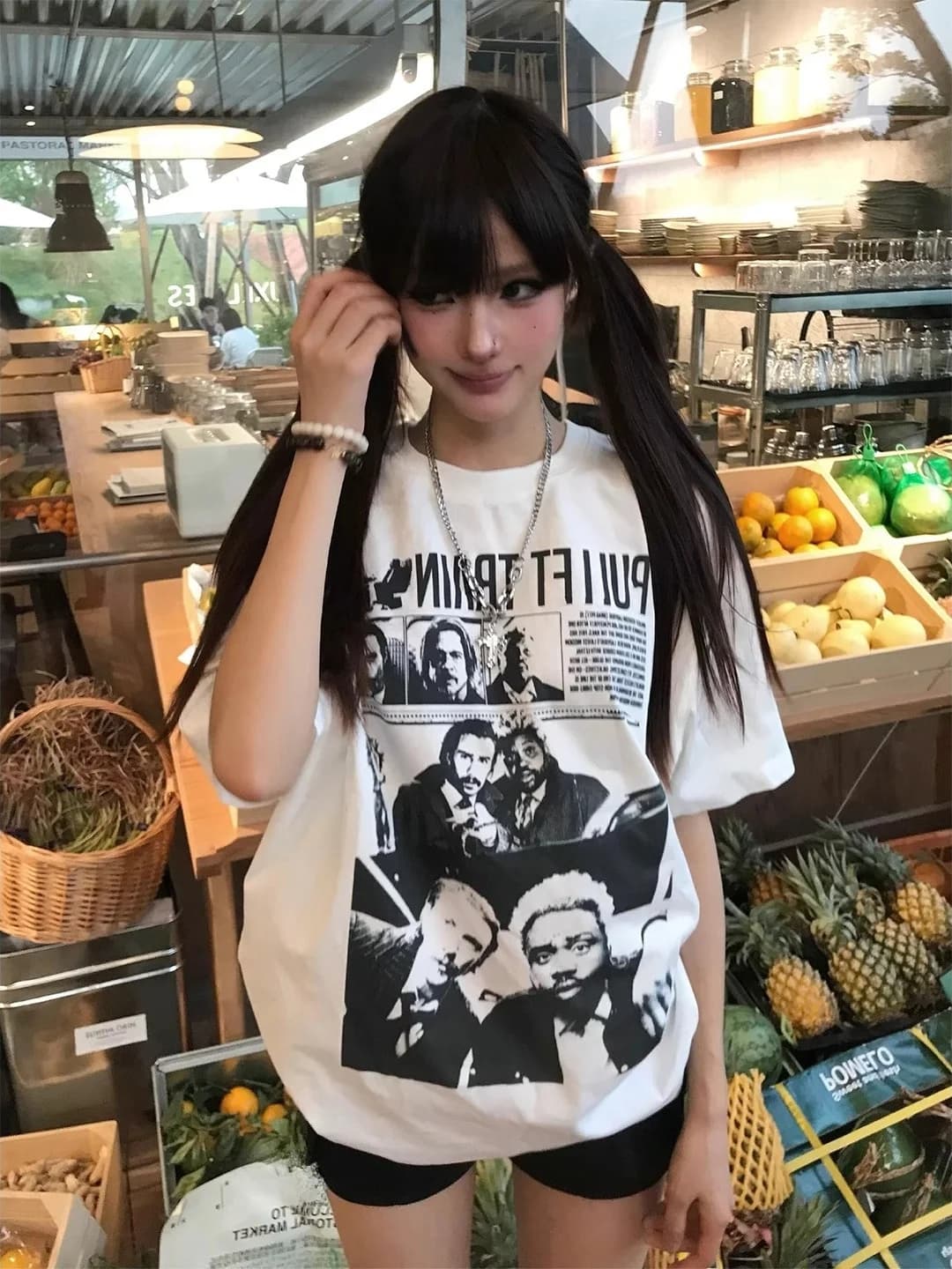 Retro American White Portrait Print Short Sleeve Women's T-shirt Summer Loose Heavyweight Pure Cotton Couple's Top