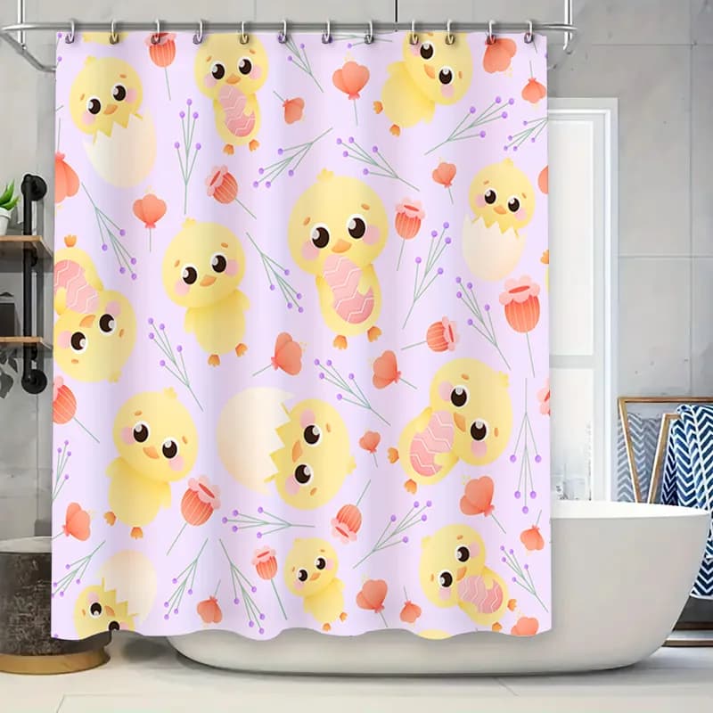 Adorabile tenda da doccia con pulcini rosa con simpatico pollo stampato, tessuto impermeabile, decorazione per il bagno, per la decorazione della casa della camera dei bambini