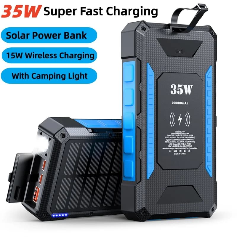Power Bank Solare PD35W Ricarica Super Veloce 15W Wireless per iPhone 17 Samsung Batteria Esterna Luce da Campeggio Impermeabile 20000mAh