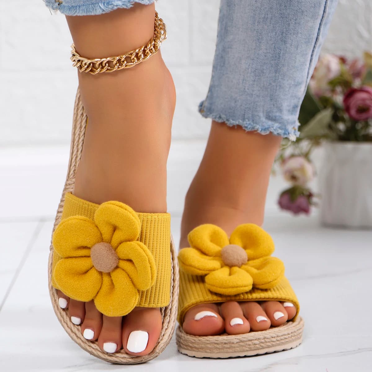 Summer Women Casual Flat Sandal Solid Big Flower Print Soft Non-slip Comfort Outdoor Daily