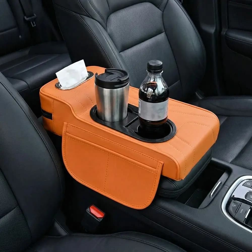 Box Central Armrest for Auto in PU Leather, Adjustable with Handkerchief Door, Central Console Bearing, Stretch Side Pockets, 2 Glass Holders