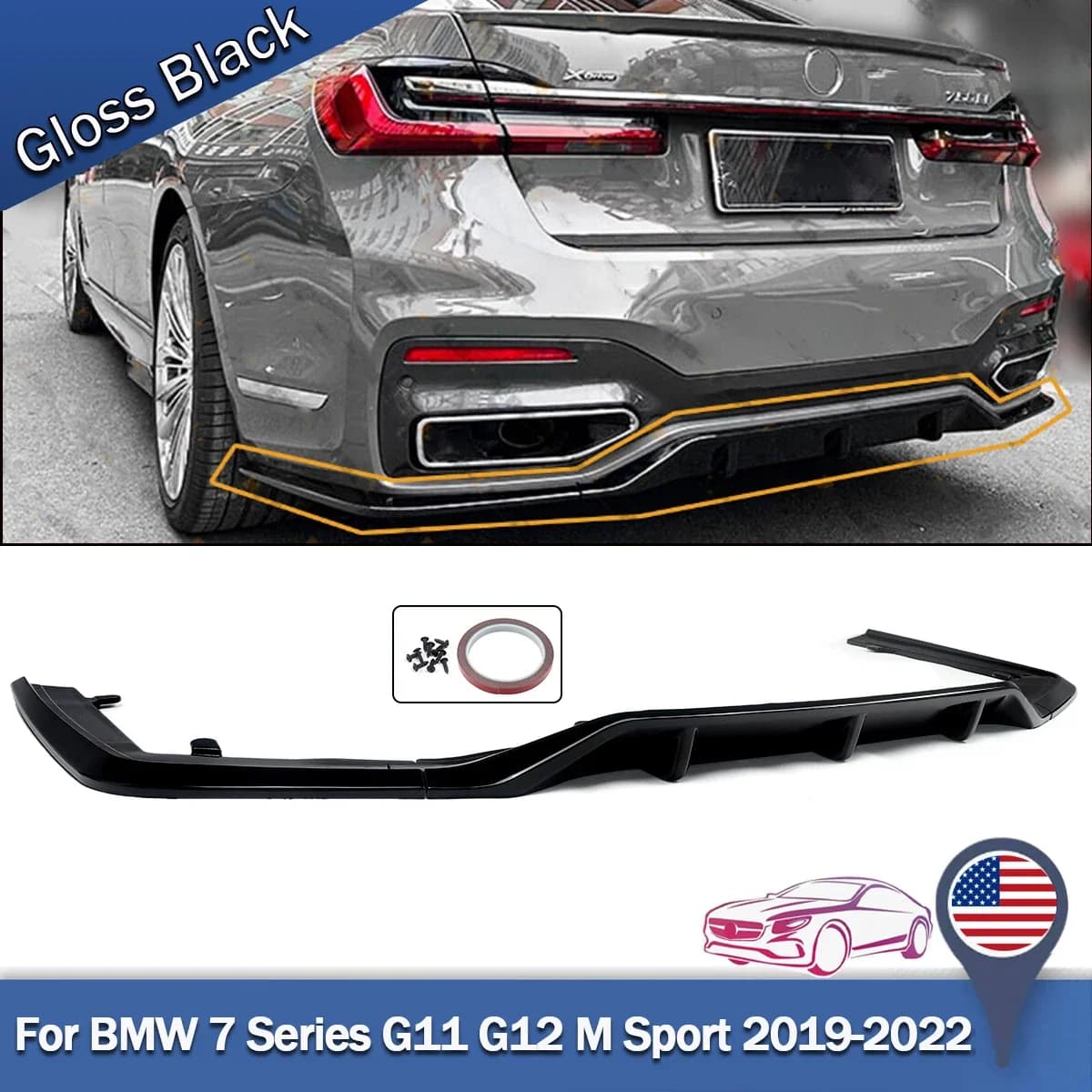 Diffusore paraurti posteriore nero lucido stile R per BMW Serie 7 G11 G12 19-22 M Sport