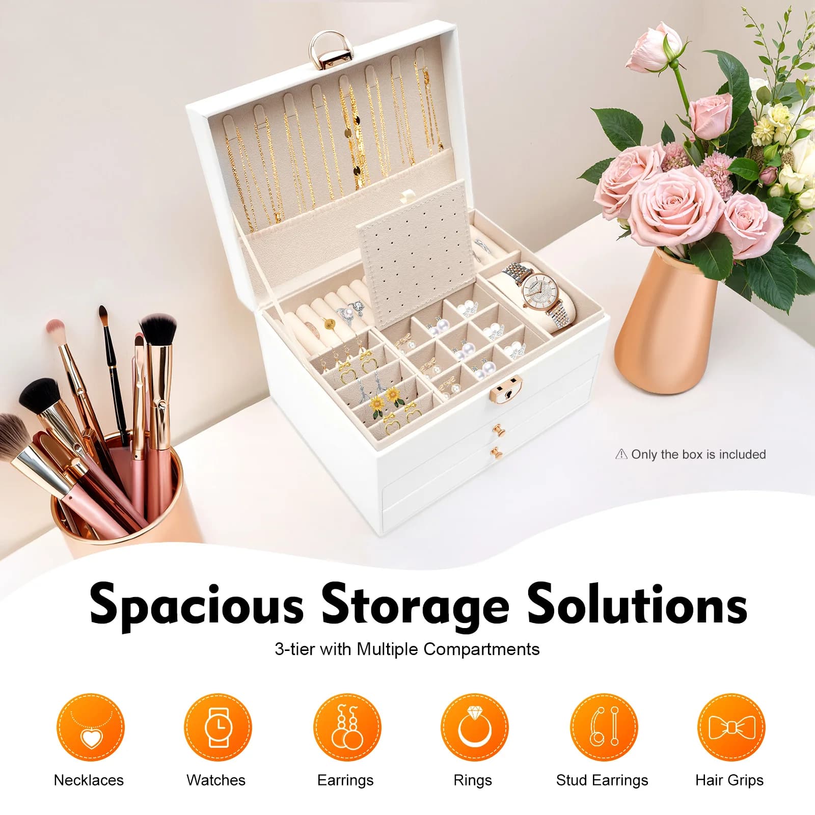 Women's Gift Watch Case, 3 Level PU Watch Box, Jewelry Organizer Watch Box
