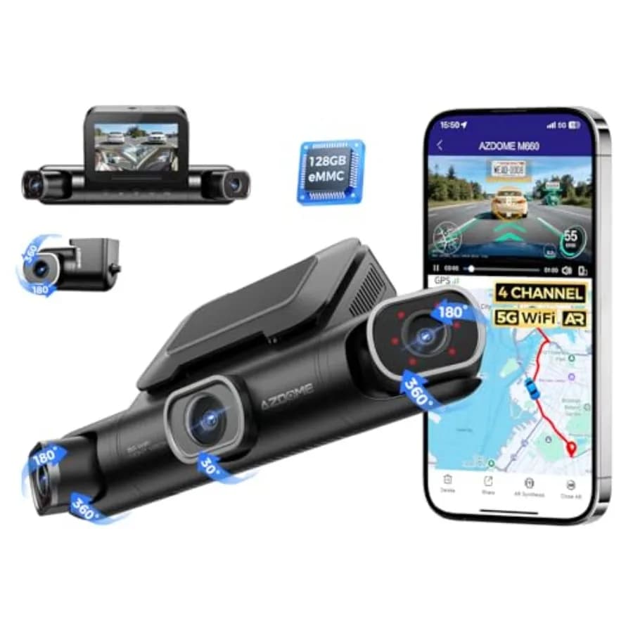 Dashcam per auto con copertura a 360° a 4 canali (anteriore/posteriore/interna), risoluzione 2K+1080P3, memoria eMMC integrata da 128GB, controllo vocale, WiFi 5G