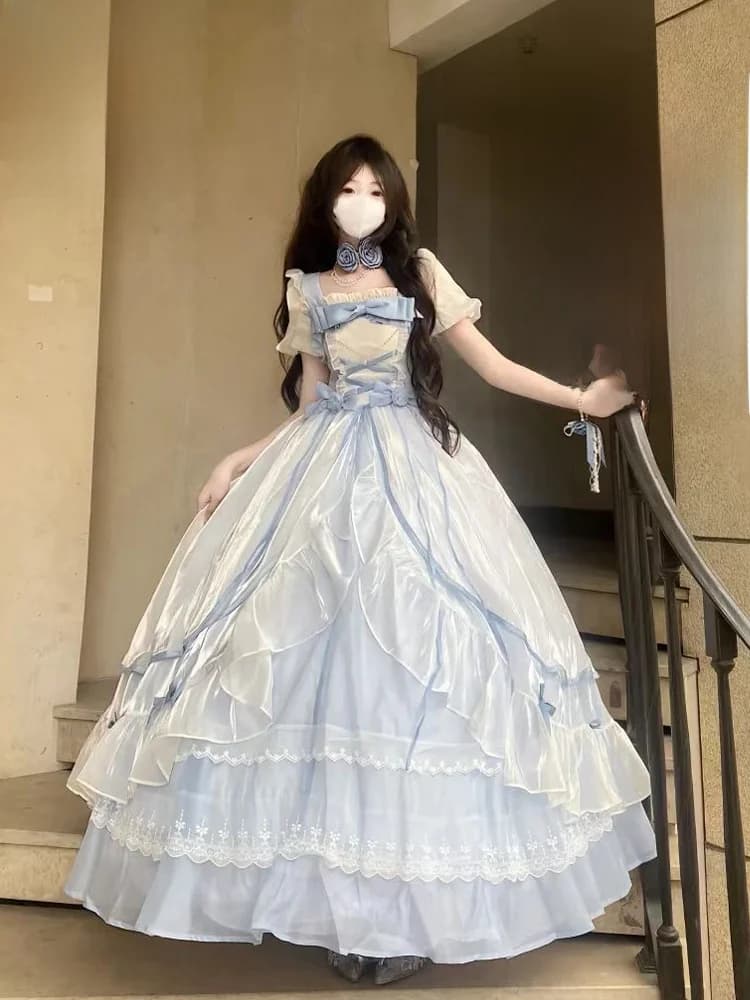 Lolita Blue Graduation Dress Skirt High Waist Bubble Sleeve Princess Style Birthday Tailcoat Dress for Adult Ceremony