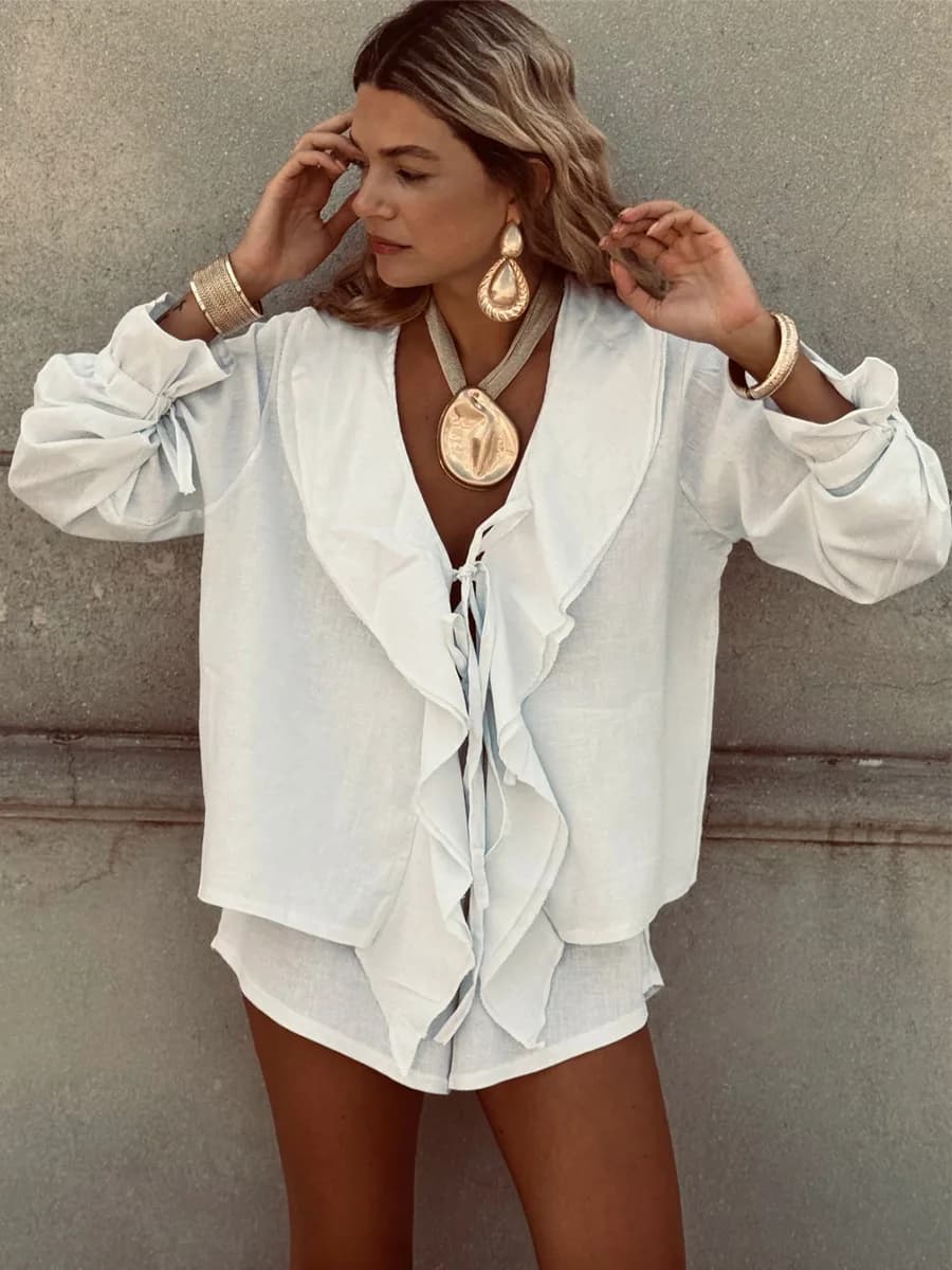 Bornladies 2026 Nuovo Set Primaverile Estivo in Cotone, Top con Volant e Pizzo alla Moda, Completo con Pantaloncini Larghi
