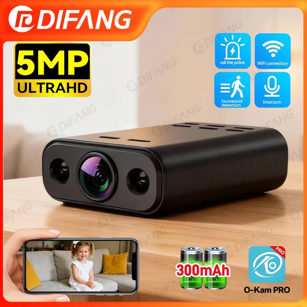 Nuova Mini Telecamera di Sicurezza WIFI 5MP per Interni con Tracciamento Umano, Monitoraggio Remoto IP per Animali Domestici/Bambini, Batteria Integrata, Visione Notturna IR
