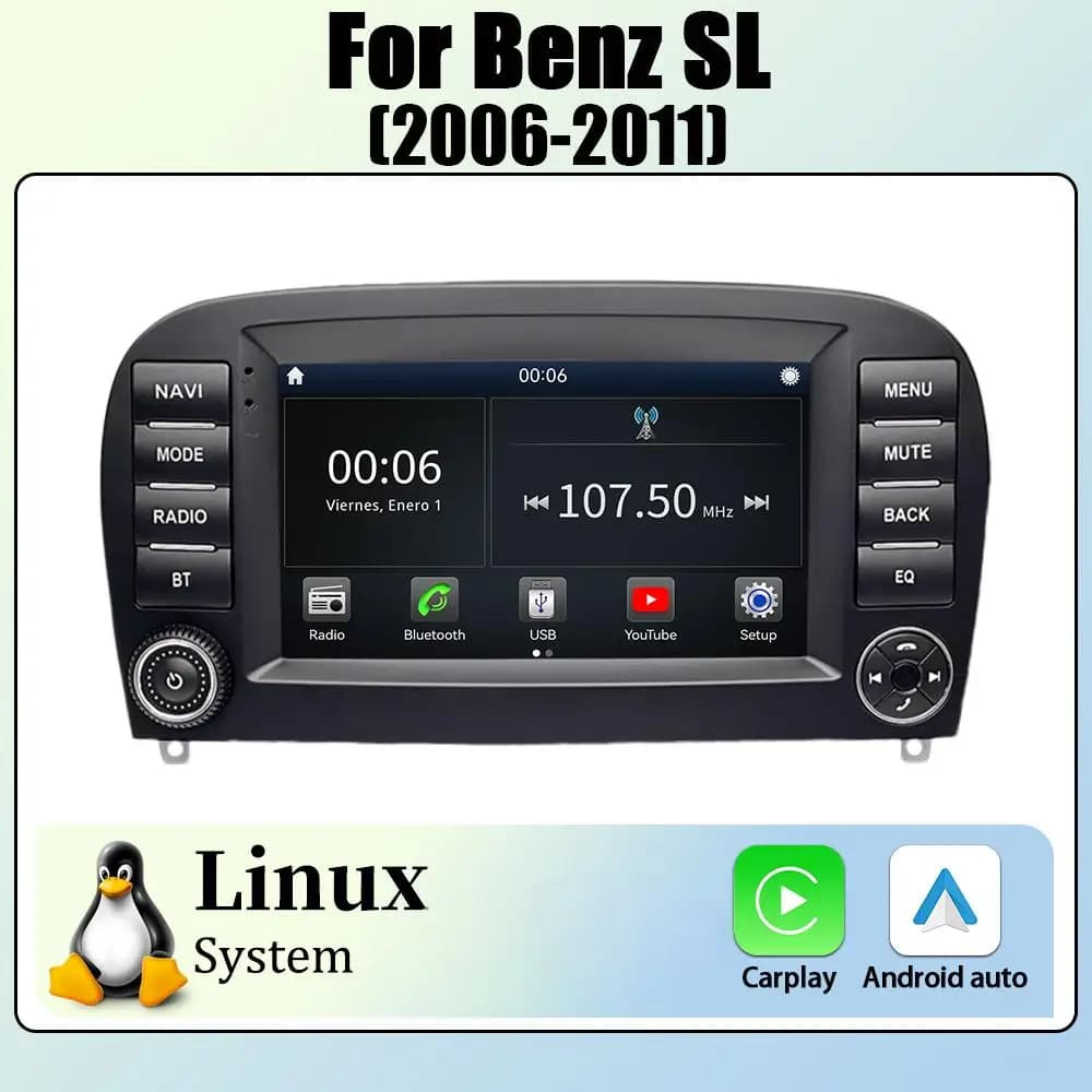 Sistema Linux per autoradio Benz SL 7" (06-11), con CarPlay e navigazione automatica, DSP, BT, YouTube, lettore multimediale video wireless.