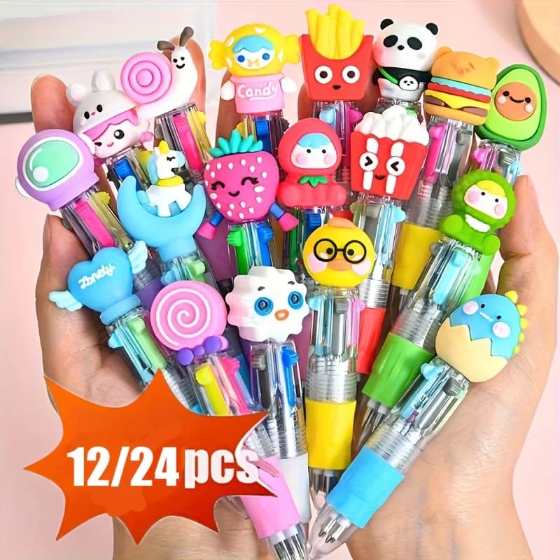 Set di 12/24 Penne Multicolore 4 in 1 Kawaii, Cancelleria Divertente e Carina, Regalo per Feste, Premio per Aula, Piccoli Doni per Scuola e Ufficio
