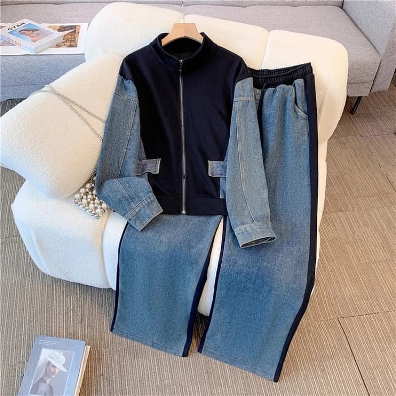 Set di Jeans con Colletto Alto e Patchwork, Top Stile Streetwear, Jeans a Gamba Larga, Set Vintage Semplice in Due Pezzi, Autunno 2025