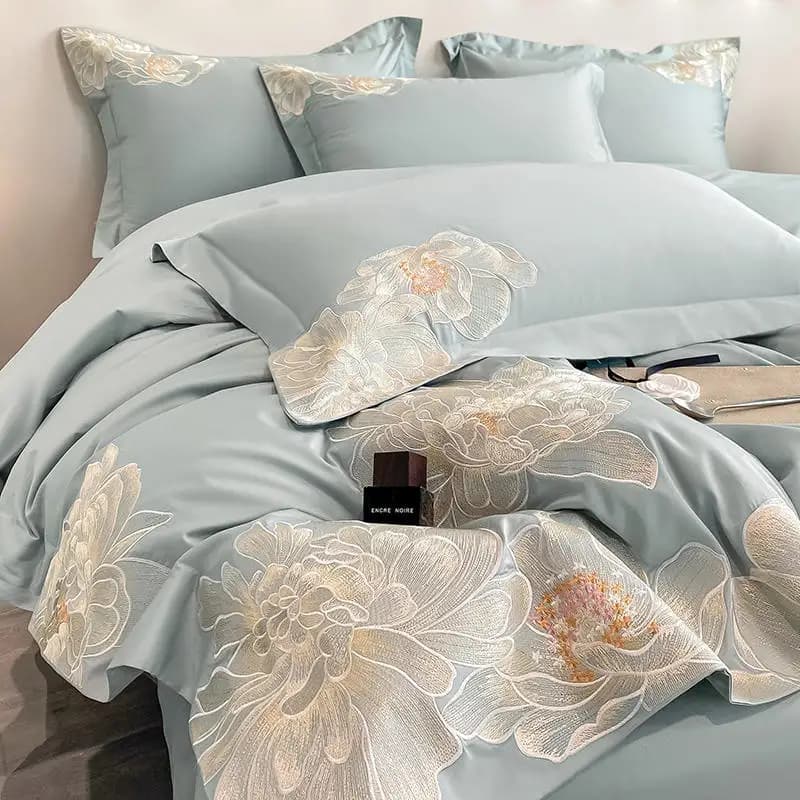 Bed linen set with floral embroidery of high-end Egyptian cotton cover green luxury True for flat sheet or corners