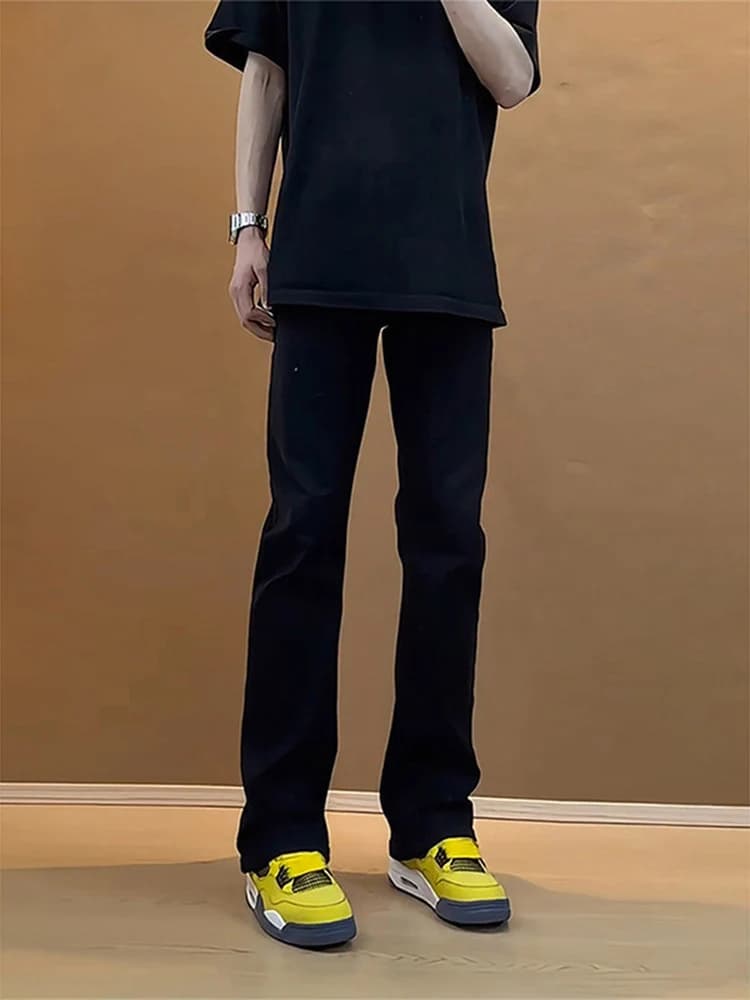 Jeans Black Leaf Blade da uomo, slim fit a gamba dritta, stile American High Street, pantaloni a zampa, vita media, con cerniera, casual.