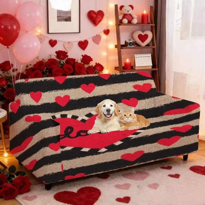 Elastic Cover for Valentine's Day, Warm and Romantic with Righe and Red Hearts Pattern, Washable in Washing Machine, Armrest Covers
