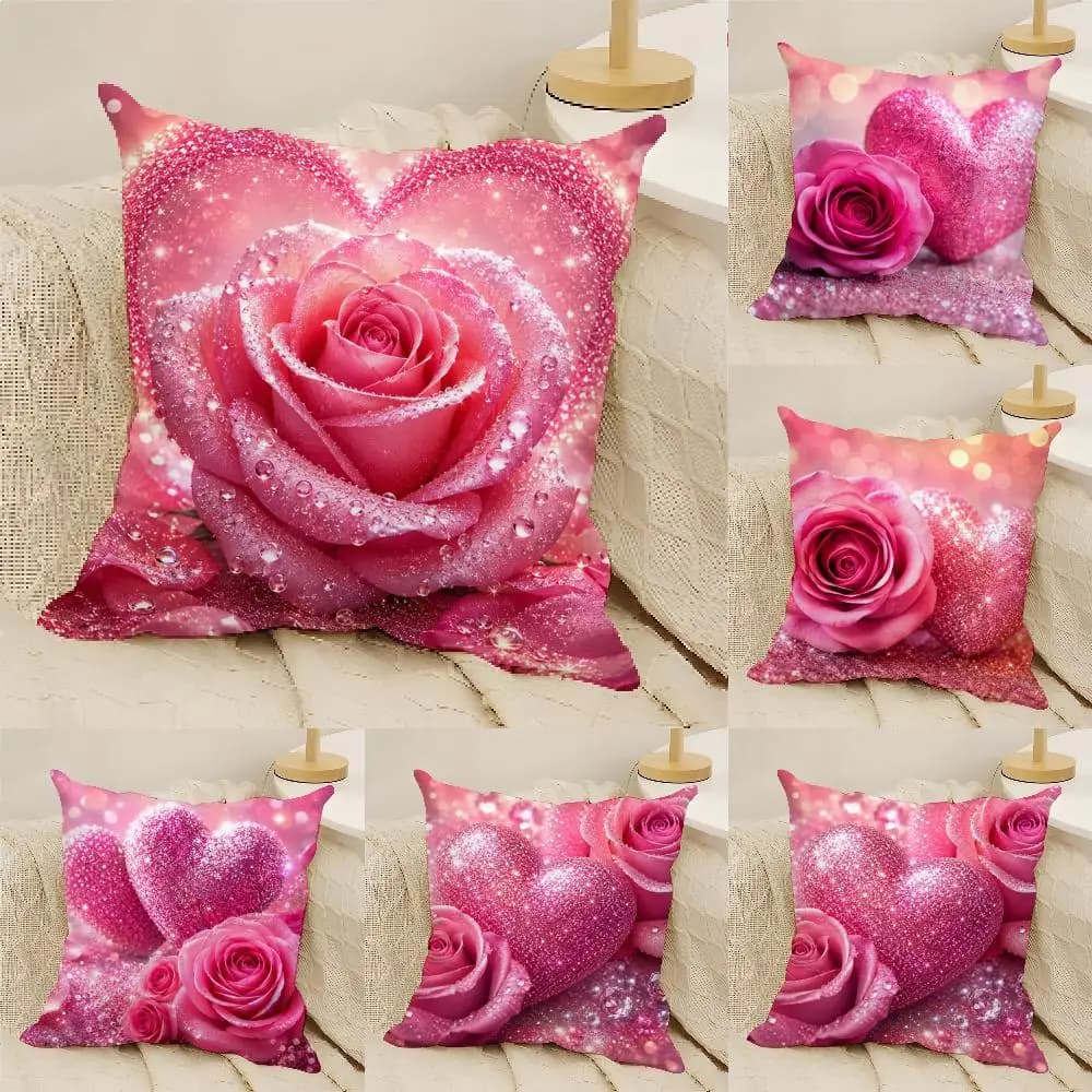Pink Glitter Hearts & Roses Cushion Cover Natural Linen Organic Fabric Double-Sided Printing Sofa Home Decor Gift Pillow Cover