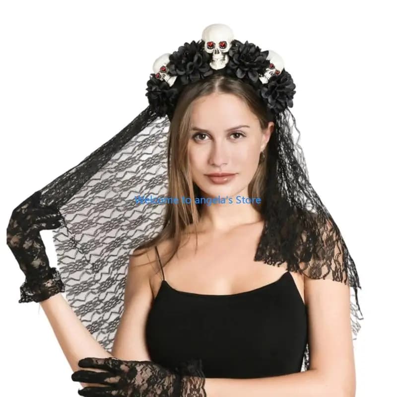 X4YC Hairband with skeletal veil, anti-slip frame, perfect for cosplay fans