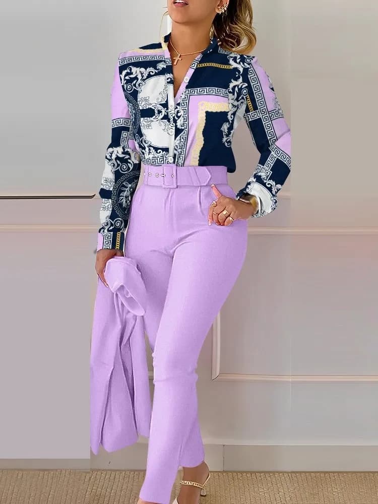 Spring Autumn New Printed Long Sleeved Shirt Suit Women Stylish Slim Elegant Female Office Pencil Pants 2 Piece Set (with Belt)