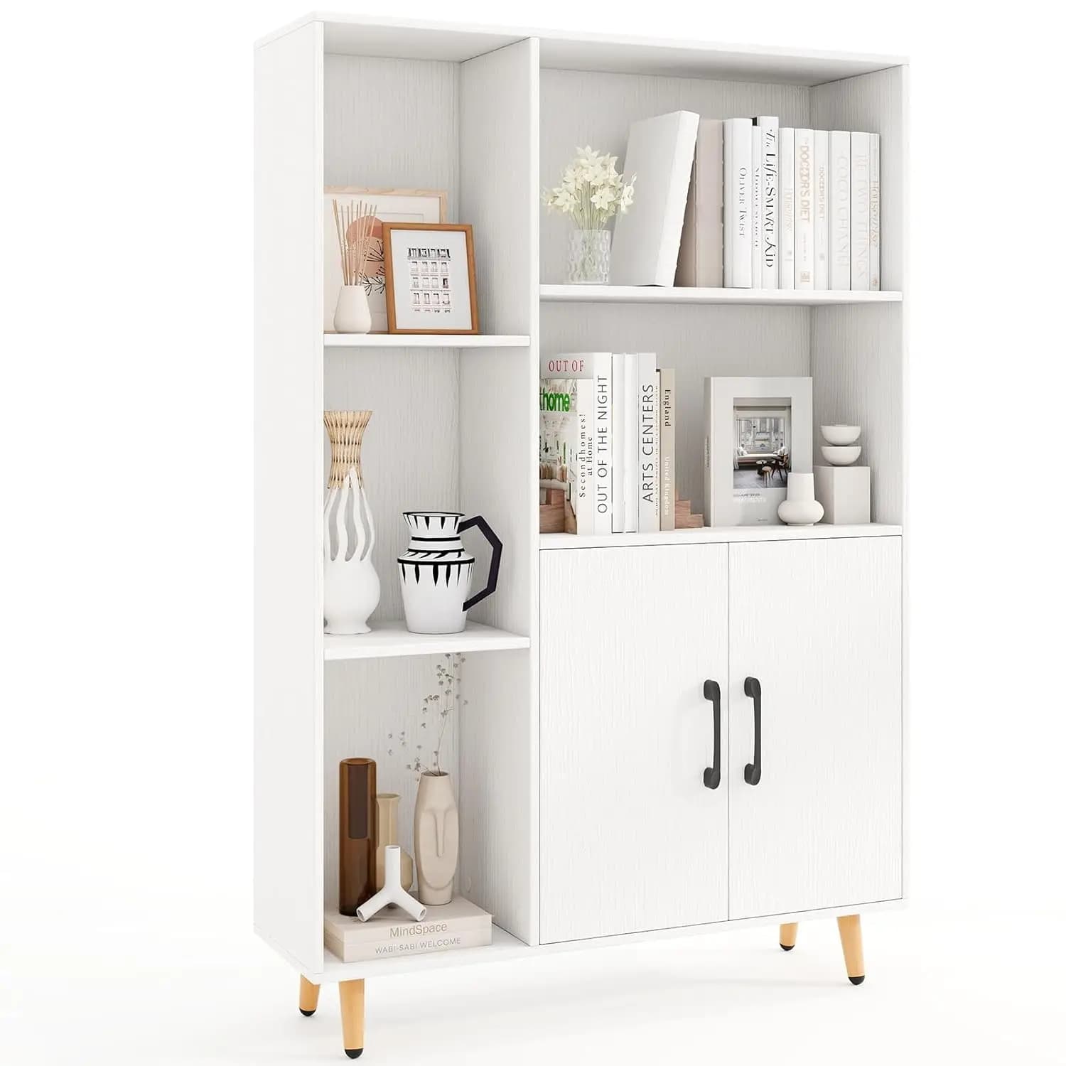 Mobile contenitore da 47 pollici, libreria con 2 ante, 5 ripiani aperti, gambe in metallo e kit anti-ribaltamento, vetrina laterale, personalizzabile