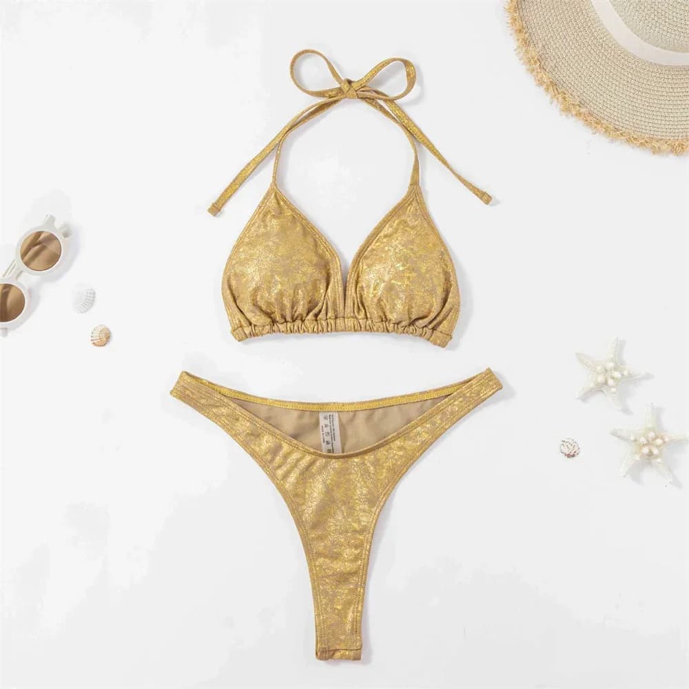 Costume da Bagno Bikini Brasiliano Dorato a Perizoma da Donna, Tendenza Lusso 2026, Due Pezzi, per Vacanze al Mare