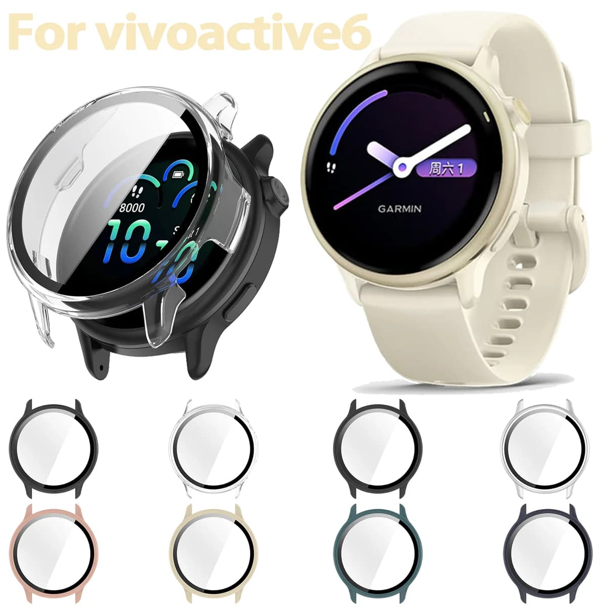 Per Garmin Vivoactive 6 Custodia protettiva per PC Pellicola in vetro temperato Cover Shell Frame Paraurti Mezza custodia antiurto