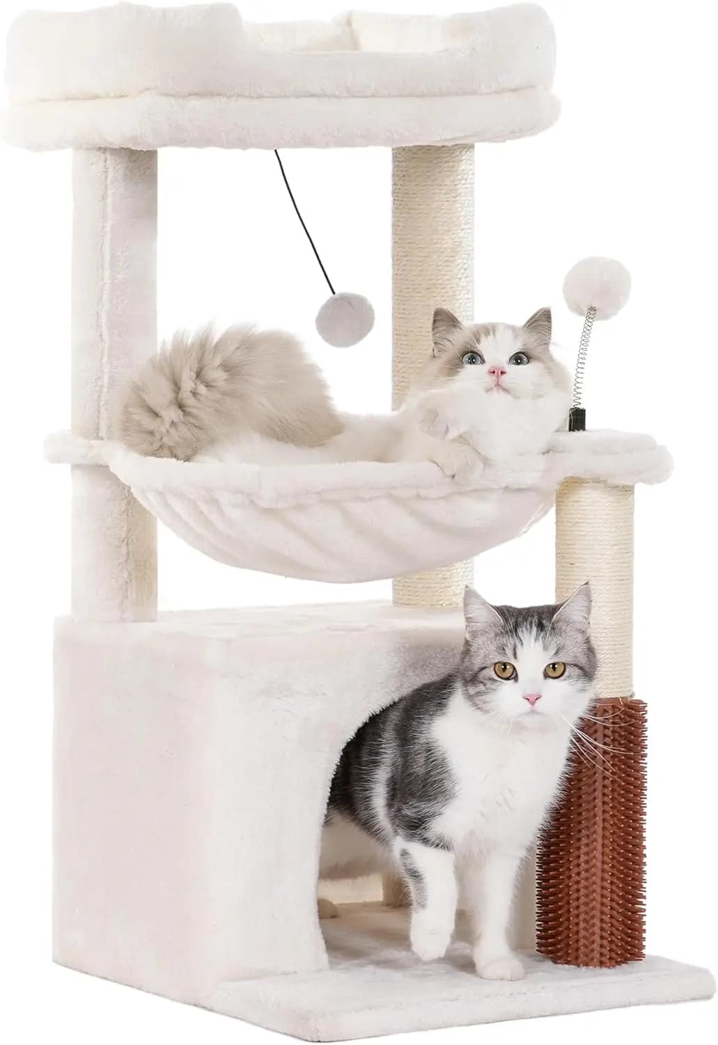 Albero per Gatti da 32 Pollici per Gatti di Taglia Grande con Tiragraffi, Amaca, Spazzola per la Toelettatura e Scomparto Rimovibile in Beige