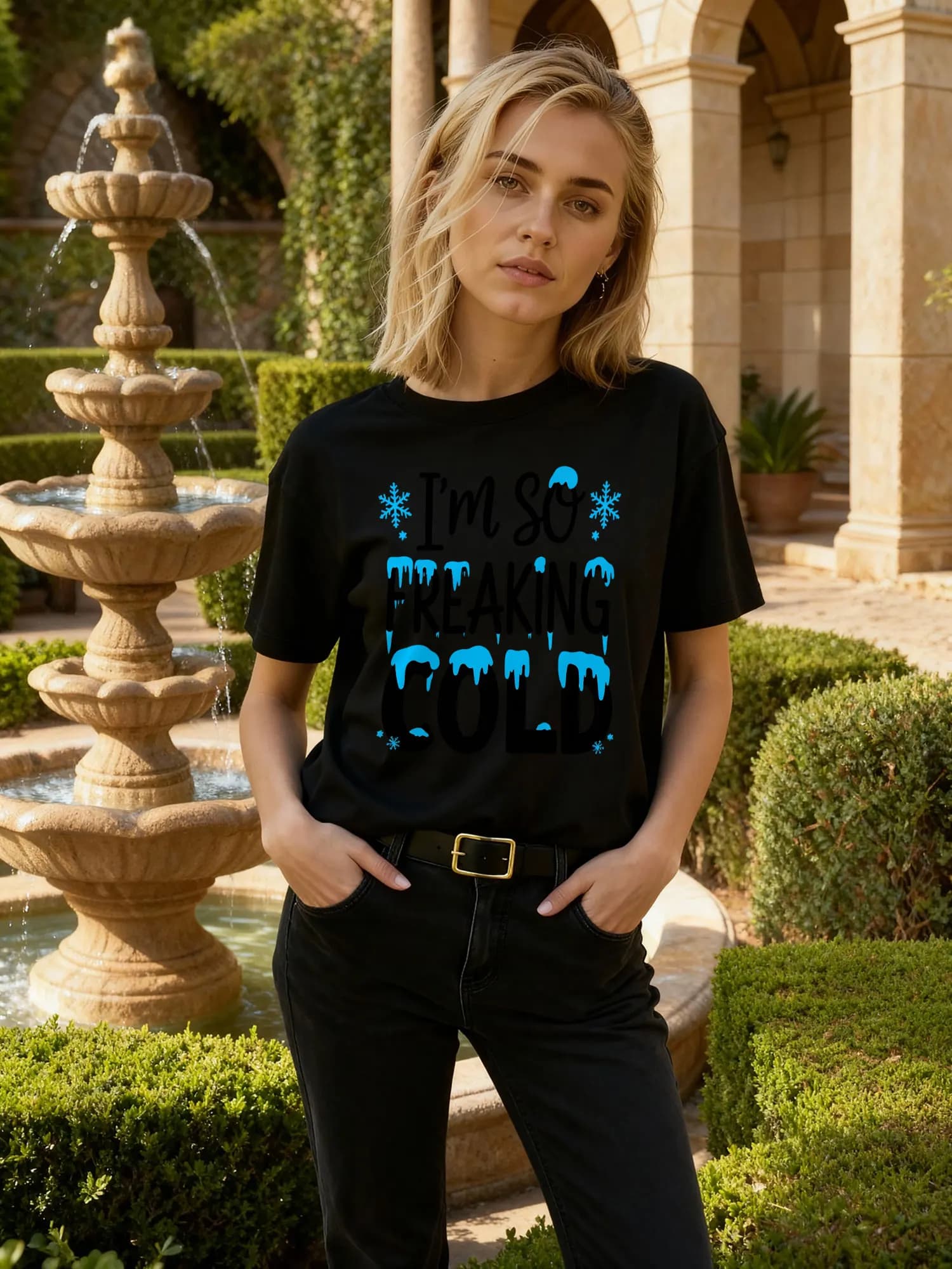 T-Shirt Nera da Donna con Stampa 'I'm So Freaking Cold' e Fiocchi di Neve, Outfit Invernale Casual per Uso Quotidiano e Stagione Festiva